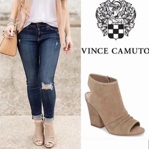 VINCE CAMUTO KENTVI Suede Leather Peep-Toe Perforated Ankle Bootie, TAUPE, SZ 10
